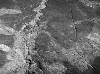 Oblique aerial view centred on the remains of enclosures, buildings and rig at Burn of Allanstank, looking to the SW.