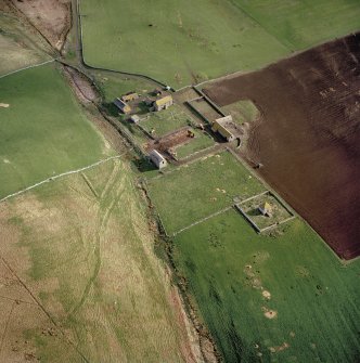 Oblique aerial view centred on the farmstead and mausoleum, taken from the SW.
Digital copy of photograph.