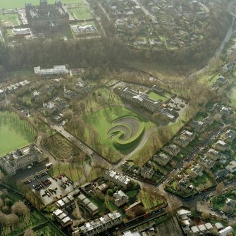 Oblique aerial view of the art galleries and designed garden under construction, taken from the ENE.
