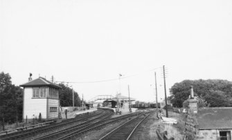 General view from trackside, showing signal box.