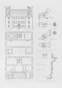 Scanned image of elevation, plans and details showing latches and mouldings.
