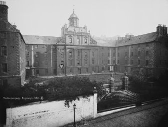 General view of old Royal Infirmary showing gatepiers now removed to Drummond Street.
