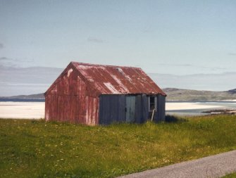 General view of building.
Written on reverse: 'Corrugated iron building at Luskentyre Harris'.