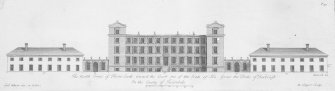 Drawing of North elevation. 
Titled: 'The North Front of Floors Castle toward the Court  one of the Seats of His Grace the Duke of Roxburgh In the County of Teviotdale'
Engraved: 'Gul Adam inv:et delin:'  'R.Cooper Sculp.'
