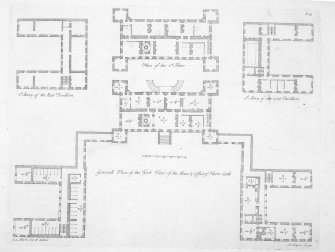 Drawing showing first and second floor plans. 
Titled: 'General Plan of the First Floor of the House & Offices of Floors Castle', 'Plan of the 2nd Floor', '2nd Storiy of the East Pavillion' and '2nd Story of the West Pavillion'
Engraved: 'Gul.Adam inv:et delin:'  'R.Cooper. Sculp.'