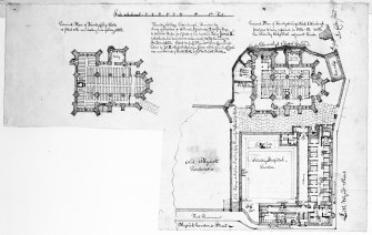 Scanned image of ink sketches showing plans of Trinity College Church and Hospital.
Insc. "Ground Plan of Trinity College Kirk as fitted with new seating & no gallery 1815.  Ground Plan of Trinity College Kirk, Edinburgh previous to being repaired in 1814-15, with the Trinity Hospital adjacent thereto."
Copied from page 6 verso of 'MEMORABILIA, JOn. SIME  EDINr.  1840'