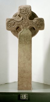 View of face of free-standing cross, (St Vigeans no.15), with restored shaft.