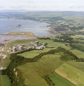 General oblique aerial view looking across the electricity generating station towards the ore terminal, Fairlie and Largs, taken from the SSW.