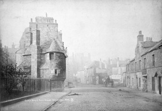 Copy of photograph showing general view of Queen Mary's Bath House from North, with man up a ladder, also showing houses in Abbeyhill with horse and cart in centre
Insc. "Queen Mary's Bath-House, Edinburgh. 326. A.I."