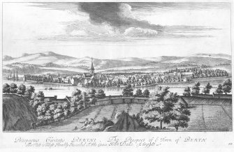 Engraving showing general view from East.
Insc: "Prospectus Civitalis Perthi. The prospect of ye Town of Perth. This Plate is Most Humbly Inscribed To His Grace John Duke of Argyle &ct"