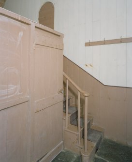 Interior. View of vestry area with partition and stair to pulpit