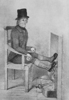 Drawing of Andrew Innes, last of the Buchanites, seated in front of the fire at Newhouse.
From J Cameron (1904), History of the Buchanite Delusion, 1783-1846, plate opposite page 165.
Originally published in J Train (1846), The Buchanites from First to Last.