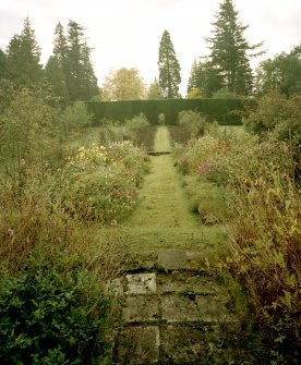 Keillour Castle, Gardens.
View of walled garden from North looking towards arched gateway.




