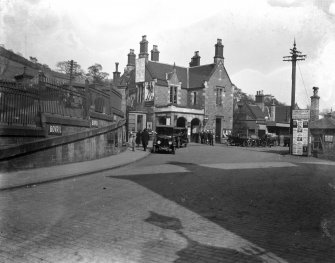 View of the former Railway station building and approach road in Galashiels. Closed to passenger traffic 1969.