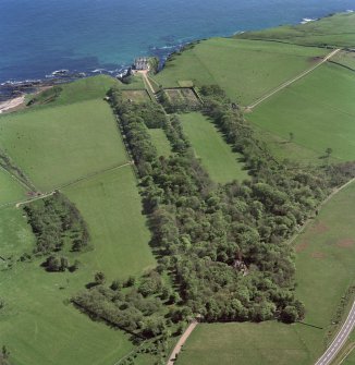 Aerial view of Dunbeath Castle and grounds from NW.