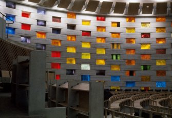 View of stained glass in Meeting House chapel.