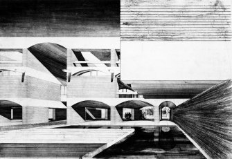 Sketch elevation of Falmer House courtyard.