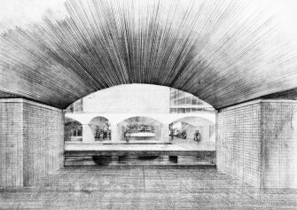 Sketch of view through archway of Falmer House courtyard.