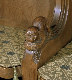 Thistle Chapel, interior, detail of carved monkey on arm of stall.