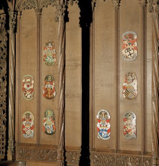Thistle Chapel, interior, detail of selection of enamel plaques on back of seat.