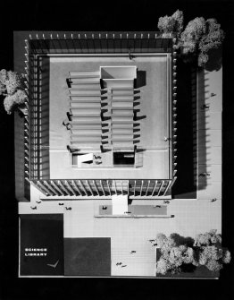 Aerial view of second model of proposed science library showing alternative roof scheme.