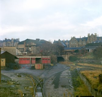 View from SW of station area including the coal yard.  Also in view is entrance to tunnel underv Rodney Street with rear of  Ritz Cinema and rear of Scotland Street school in Rodney Street
