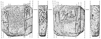 Scanned ink drawing of front, reverse and two sides of cross-slab fragment, (St Vigeans no.18).