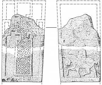 Scanned ink drawing of face and reverse of Pictish Cross-slab, (St Vigeans no.22 and St Vigeans no.23).