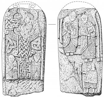 Scanned ink drawing of face and reverse of cross-slab, (St Vigeans no.11).