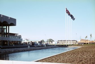 Glasgow Airport, Abbotsinch.
View of pool and flagpoles at entrance to terminal.