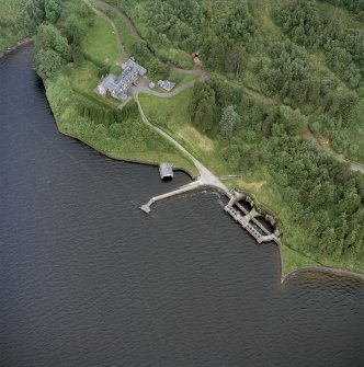 Oblique aerial photograph of Loch Katrine, Royal Cottage (NN40NW.25), Aqueduct Intakes (NN40NW.26), Pier and Boathouse