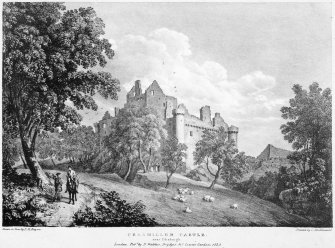 Engraving of view from South East, insc: 'Cragmillar Castle near Edinburgh.  Drawn on Stone by T.M.Baynes. Printed by C. Hullmandel. London. Published by D. Walther, Brydges St. Covent Garden. 1823'
