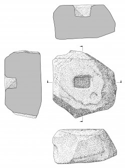 Scanned ink drawing of socket stone (plan, elevation, two sections)