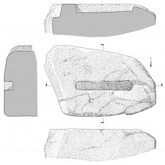 Scanned ink drawing of socket stone (plan, elevation, two sections).