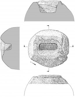 Scanned ink drawing of socket stone (plan, elevation, two sections).