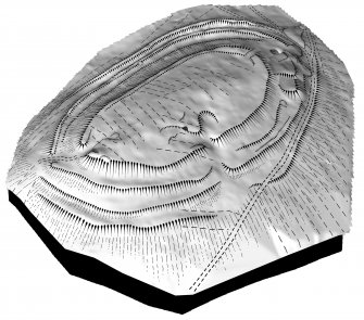 Screenshot taken from the 3D visualisation of Castlelaw Fort. Shows the digitised plane table drawing of the fort draped over the 3D topographic surface of the fort.