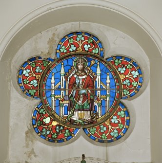 Detail of stained glass window depicting St Patrick