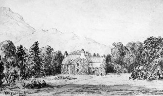 Photographic copy of pen and ink sketch showing house set in grounds, 1874