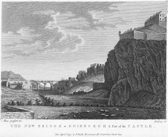 Engraved view of North Bridge 
Insc.  "The New Bridge at Edinburgh & Part of the Castle.   Pub. April 1st 1777 by F Blyth No.2 Queen's Hd. Court Pater Noster Row.  Moses Griffith del.   Godfrey Sc."
