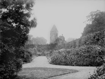 View of the gardens at Largo House, Upper Largo, showing Sir Andrew Wood's Tower in the background.