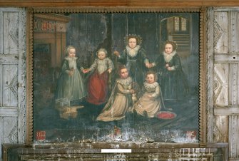 Ground floor hall, detail of painting above fireplace; Fairfax-Lucy family portrait