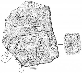 Scanned ink drawing of Kinblethmont Pictish symbol stone.