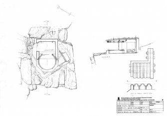 Scanned image of drawing showing plan, section of searchlight emplacement with detail showing shutter rails at scale 1:2.