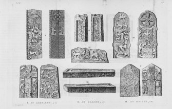 Engraving of Pictish cross slabs and symbol stones at Aberlemno, Glamis and Meigle.
Plate from Thomas Pennant's 'A Tour of Scotland, 1772' (1776).