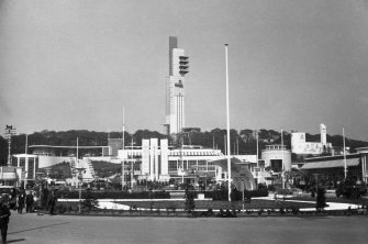 General view from Mosspark Boulevard Main Entrance showing Tower, Garden Club, Distillers Company Pavilion, South Bandstand and Catholic Pavilion.