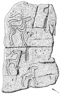 Scanned ink drawing of deer carved on rock outcrop
