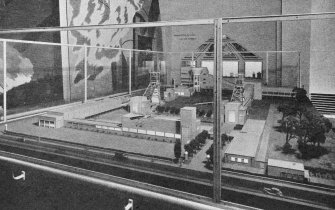 Scanned copy of image from annual report of Miners' Welfare Fund, 1938, Figure 8, Empire Exhibition, Glasgow, 1938, Model Coal Mine with baths front centre, exhibited by the Mining Association of Great Britain