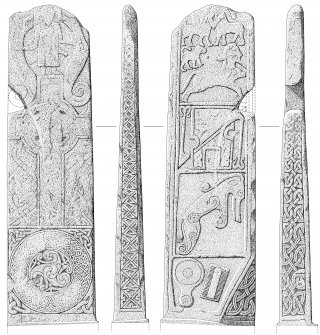 Scanned ink drawing of Maiden Stone Pictish Cross-slab
