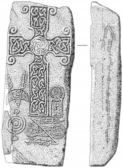 Scanned ink drawing of Pictish cross-slab and ogham inscription