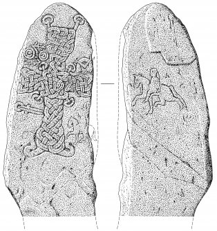 Scanned ink drawing of Migvie Pictish cross-slab